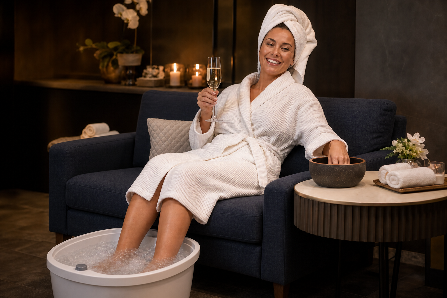 A relaxed client enjoying a foot spa, manicure soak and a glass of champagne